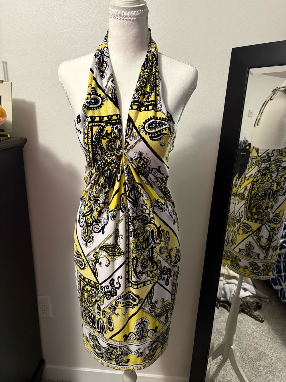 Cache Yellow, Black & White Paisley Halter Dress